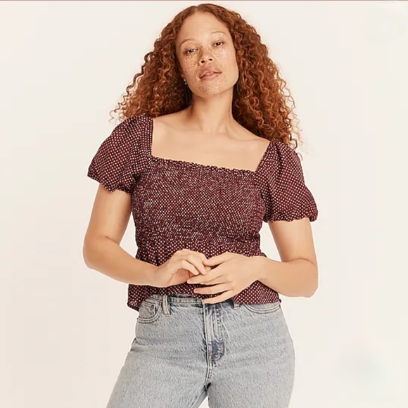 NWT J Crew Squareneck smocked cotton voile top in dot - Picture 2 of 6